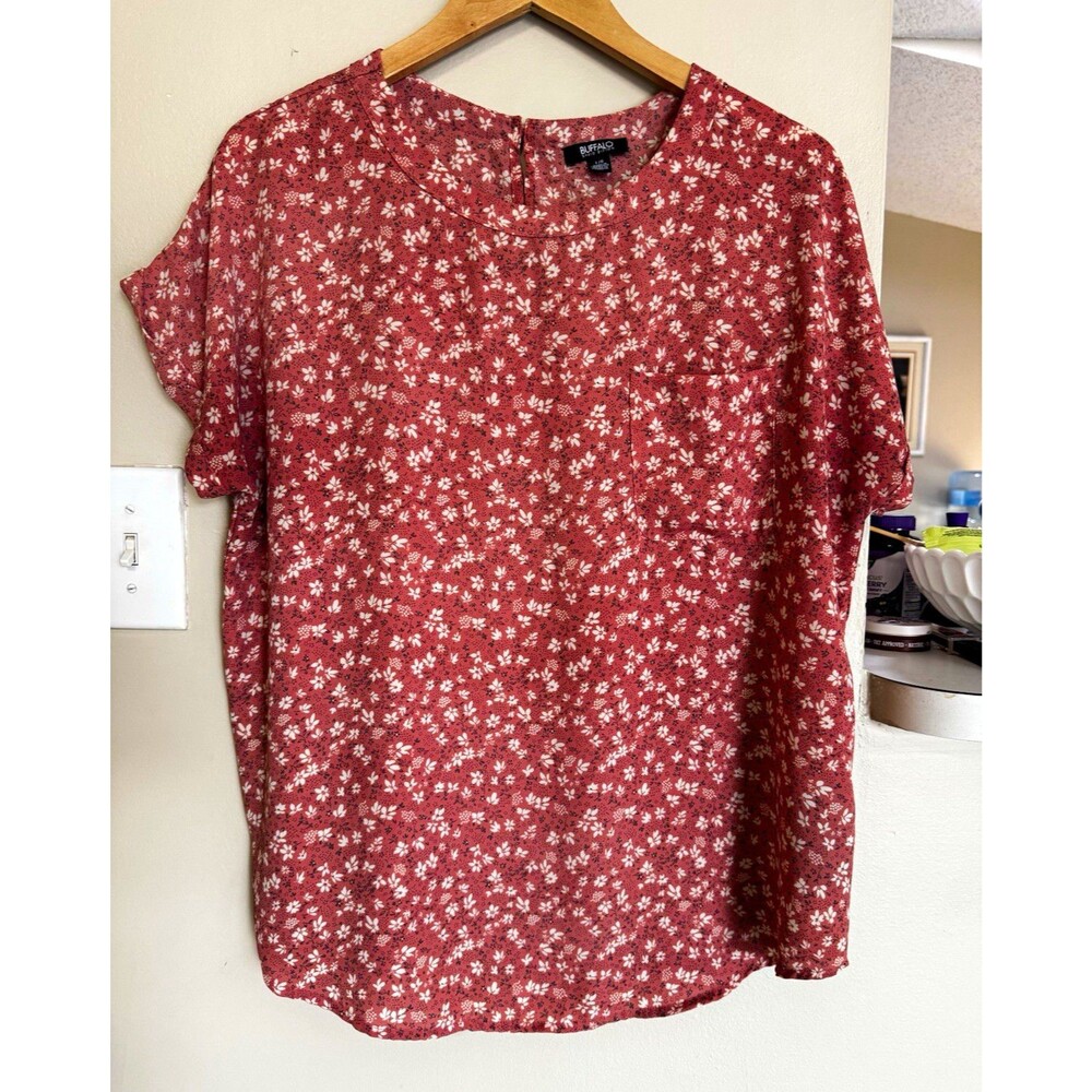 Buffalo David Bitton Women's Pink/White Floral Round Neck Blouse Short Sleeve L